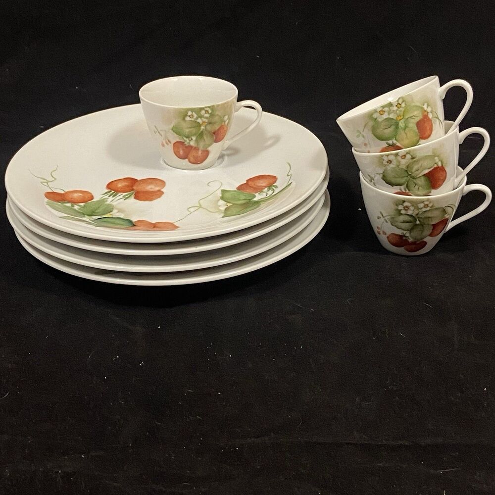 Hand Painted Strawberry Plates and Cups set of 4 Artist signed